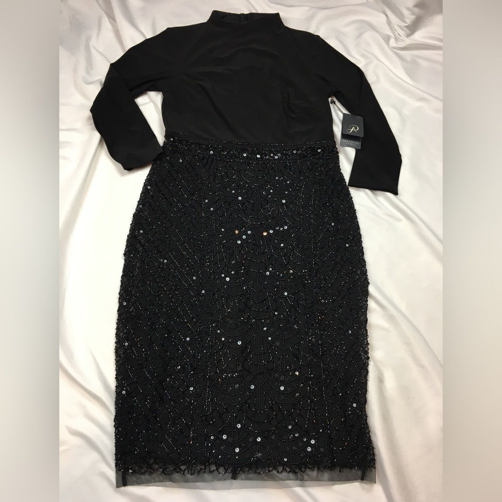 Adrianna Papell Mock Neck 3/4 Sleeve Beaded Dress